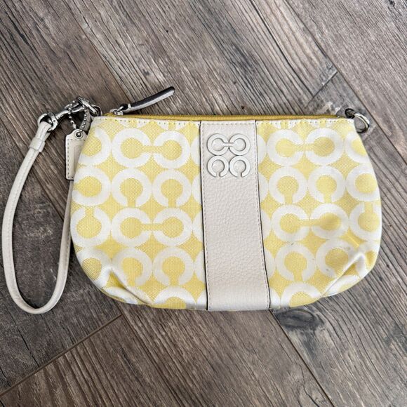 Coach Y2K 2000\'s Yellow White C Jacquard Leather Canvas Wristlet Luxury Preppy